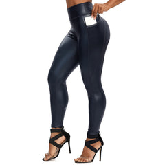 Winter Black Leather Leggings Women Skinny Push Up High Waist Legging Pockets
