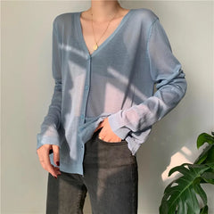 Cardigan Shirt Women Tops Korean Long Sleeve Cardigan Summer Tops V Neck