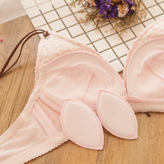 Deep V Linen Cotton Embroidery Wire Free Push Up Bra Set Panties Bow Padded