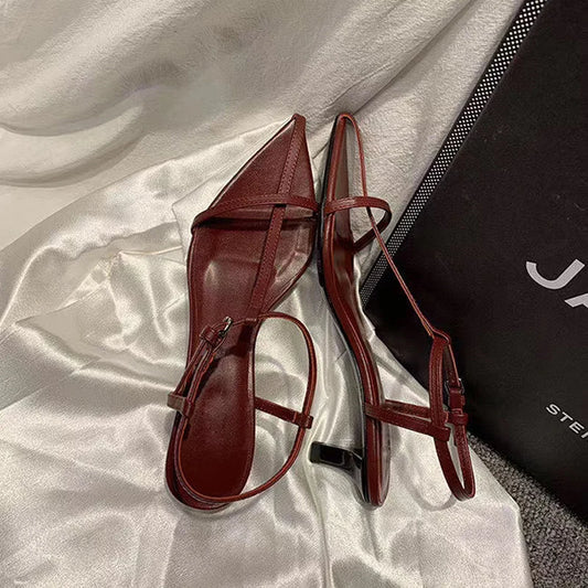 Women Fashion Sandals Thin Low Heels Pointed Open Toe Ankle Strap Dress Shoes