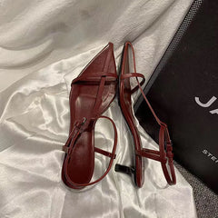 Women Fashion Sandals Thin Low Heels Pointed Open Toe Ankle Strap Dress Shoes