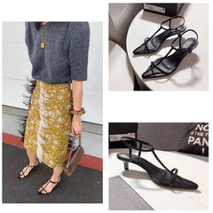 Women Fashion Sandals Thin Low Heels Pointed Open Toe Ankle Strap Dress Shoes