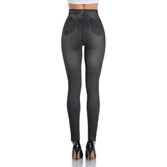 Push Up Seamless High Waist Faux Denim Leggings Women Casual Elastic Pocket Jeans