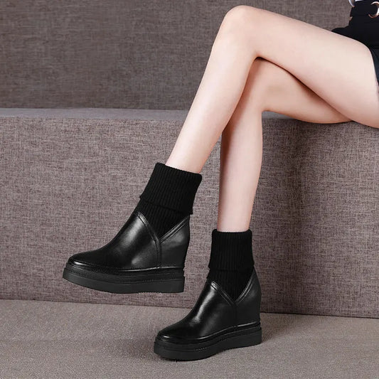 Women Fashion Wedges Mid Calf Boots Genuine Cow Leather Shoes Autumn Winter