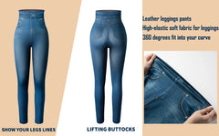 Push Up Seamless High Waist Faux Denim Leggings Women Casual Elastic Pocket Jeans