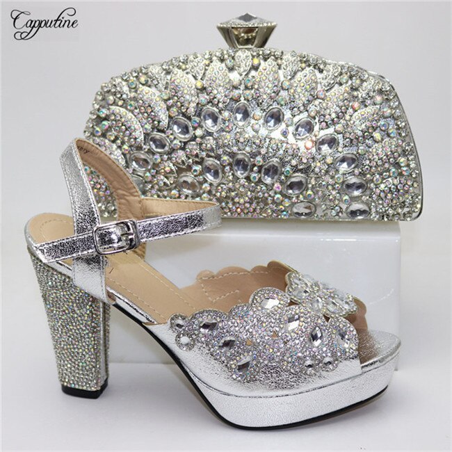Matching Shoes and Bags: Gold High Heels Shoes And Purse Bag Set Woman