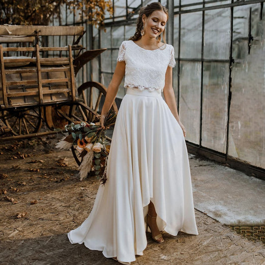 White Bridesmaid Dresses: Two Piece Lace Boho Wedding Dress Crop Top Bohemian
