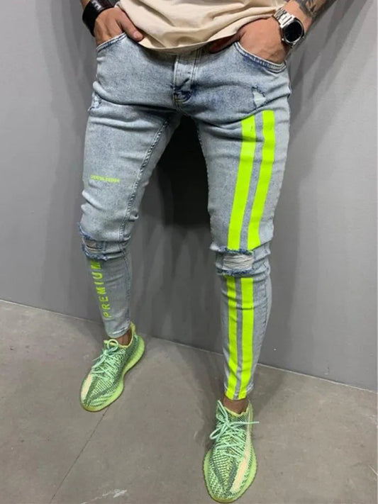 Biker Ripped Jeans Men Skinny Striped Zipper Denim Hole Wash Vintage Hip Hop