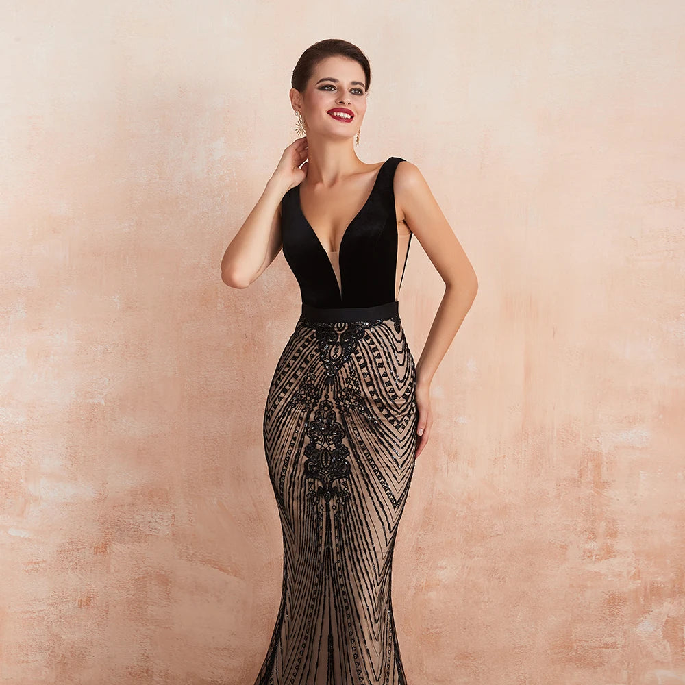 Homecoming Dresses: Backless Black and Champagne Long Prom Formal Gown