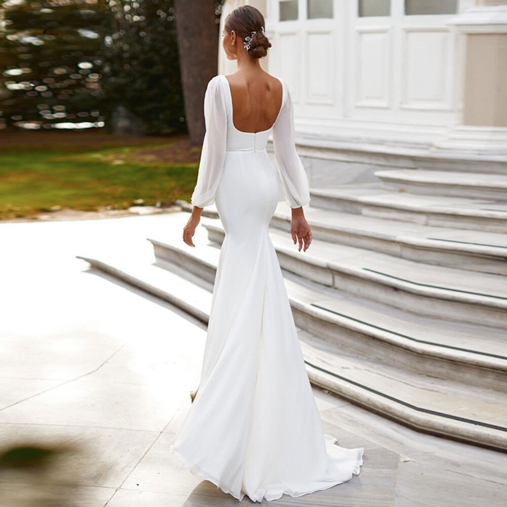 White Bridesmaid Dresses: Chiffon Mermaid Wedding Dresses Long Sleeves