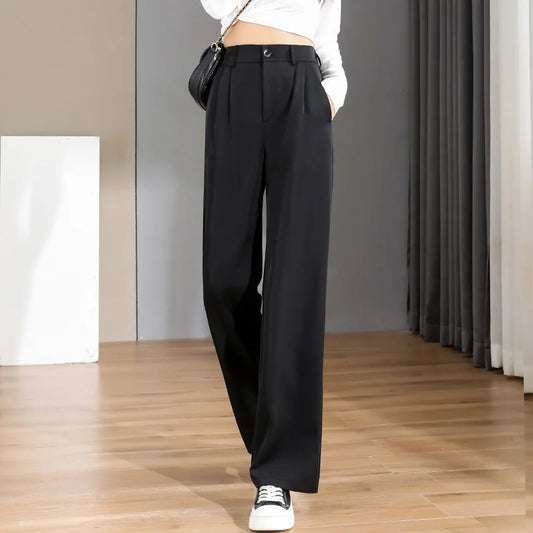 Women Chic Office Wear Straight Pants Vintage High Ladies Trousers Baggy