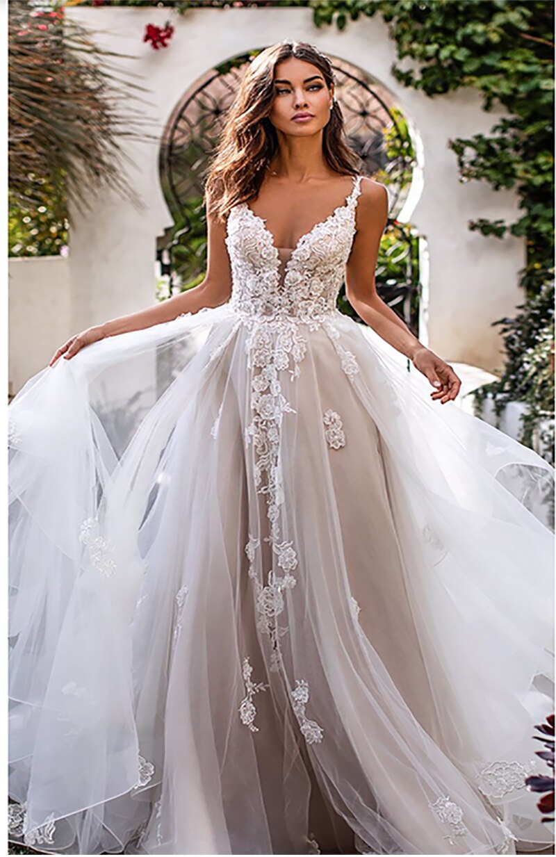 White Bridesmaid Dresses: Wedding Dress 3D Flowers Spaghetti Strap Bride Dresses