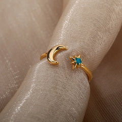 Zircon Moon Star Rings For Women Stainless Steel Glowing Moon Star Adjustable Finger