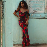 Fashion Print Mesh See Through Slip Maxi Dresses Women