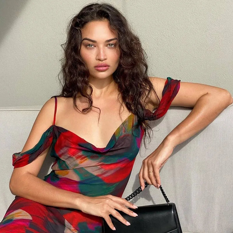 Fashion Print Mesh See Through Slip Maxi Dresses Women