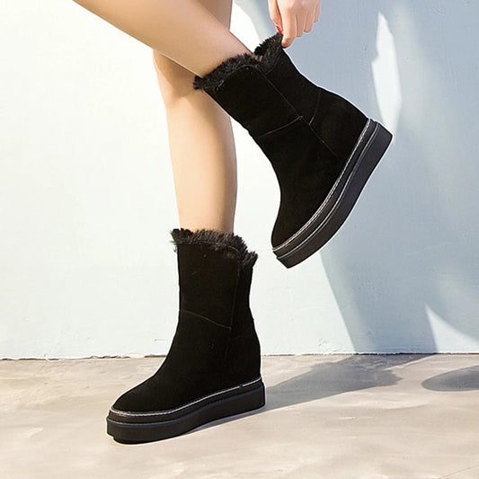 Women's Snow Boots Genuine Leather Hidden Heel Ladies Boot Winter Plush Woman