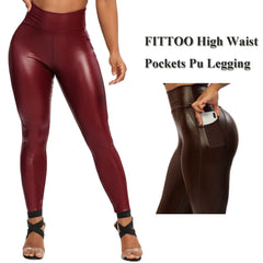 Winter Black Leather Leggings Women Skinny Push Up High Waist Legging Pockets
