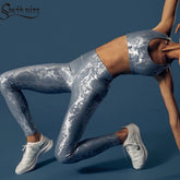 Women's Retro Metallic Snake Gym Leggings Blue Silver Shiny Legging Fitness Bottom