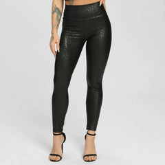 High Waist Leather Leggings for Women Leopard Snake Leather Trouser Black