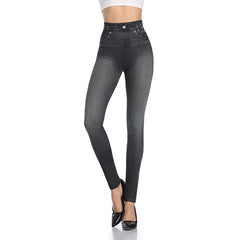 Push Up Seamless High Waist Faux Denim Leggings Women Casual Elastic Pocket Jeans