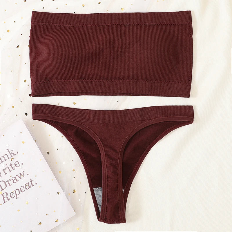 Women Bra Set Strapless Seamless Underwear Push Up Bra High Waist Thong