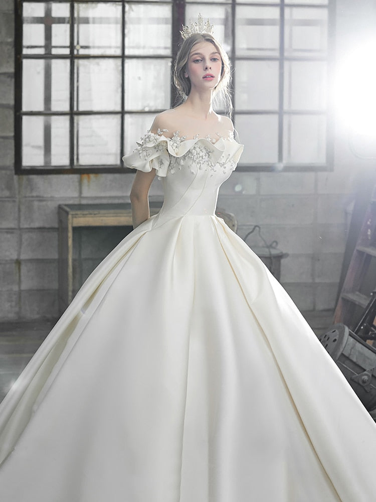 White Bridesmaid Dresses: Off The Shoulder Flower Satin Wedding Dress