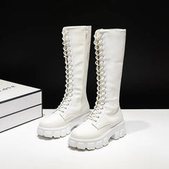 LazySeal Winter Long Boot Shoes Women White Lace Up Zip Height Increasing