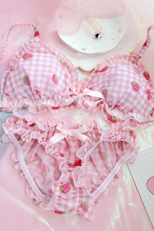 Women's Cute Strawberry Print Bra & Panties Lingerie Set Japanese Girl Bras