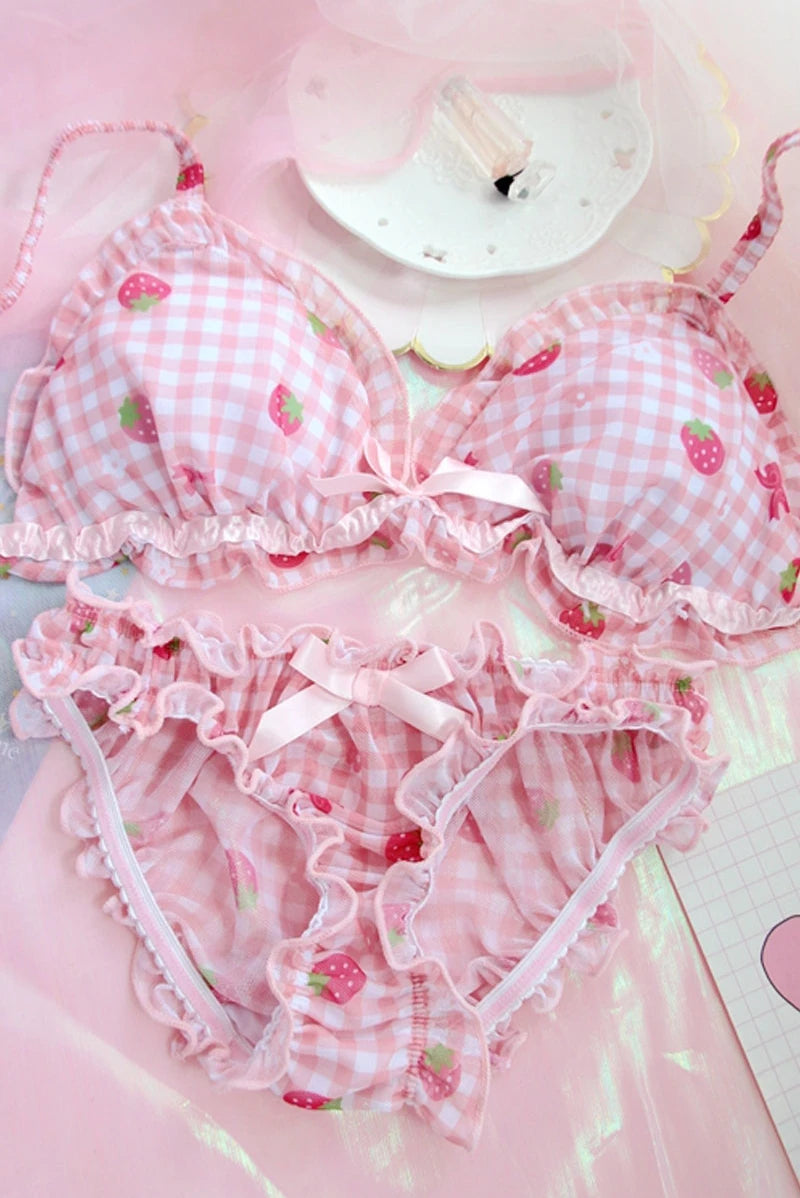Women's Cute Strawberry Print Bra & Panties Lingerie Set Japanese Girl Bras