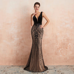 Homecoming Dresses: Backless Black and Champagne Long Prom Formal Gown