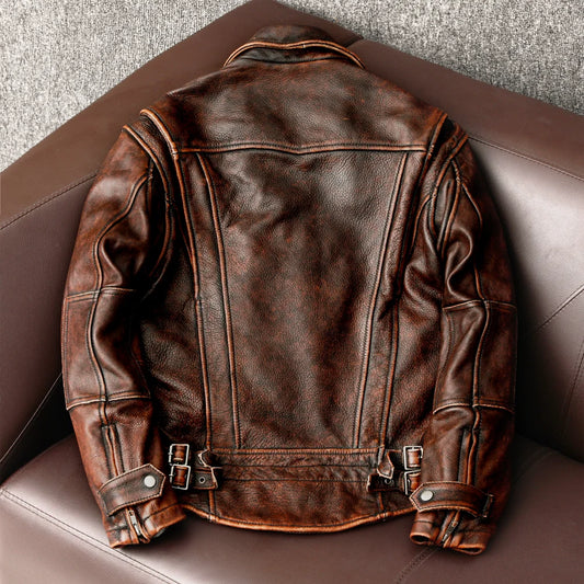 Men Leather Jacket Swallow Tailed Vintage Motorcycle Top Cowhide Coat