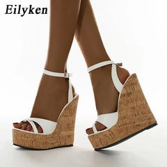 Summer White Women's High Heels Hollow Out Sandals Platform Buckle