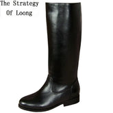 Genuine Leather Mesh Long Equestrian Boots Winter Male Plush Cow Leather Military Boots