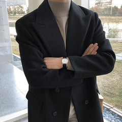 Men's Autumn Winter Mid Length Woolen Coat New Korean Tide Black Thickned Jackets