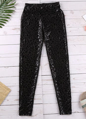 High Waist Leather Leggings for Women Leopard Snake Leather Trouser Black
