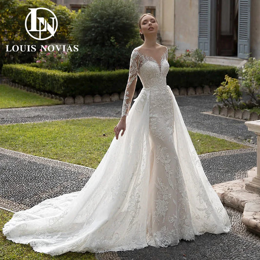 White Bridesmaid Dresses: Wedding Dress For Women Detachable Train Long Sleeve