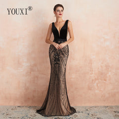 Homecoming Dresses: Backless Black and Champagne Long Prom Formal Gown