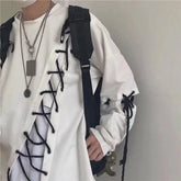 Japanese Fashion Men`s Street Style Lace Hoodie Punk Loose Fit Pullover Designer