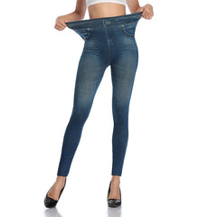 Push Up Seamless High Waist Faux Denim Leggings Women Casual Elastic Pocket Jeans