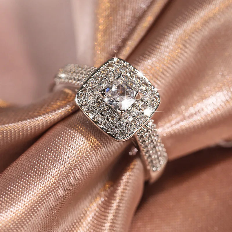 Luxury 925 Sterling Silver Rings for Women Wedding Band Square Zircon Party