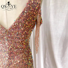 Evening wear Dresses: Beading Side Sleeves Gold Sequin Prom Gown