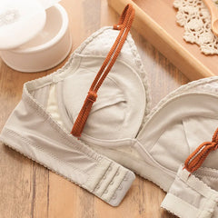 Deep V Linen Cotton Embroidery Wire Free Push Up Bra Set Panties Bow Padded