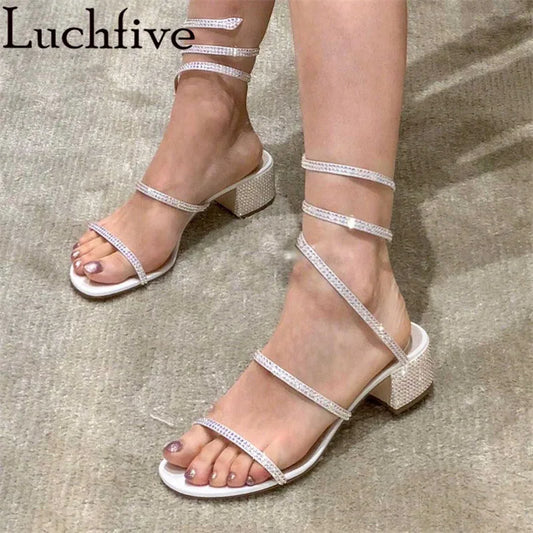 Rhinestones Chunky Heels Sandals Open Toe Shoes Woman Crystal Strap Ladies
