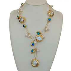 Blue Murano Glass Freshwater Cultured White Keshi Pearl Gold Filled Chain