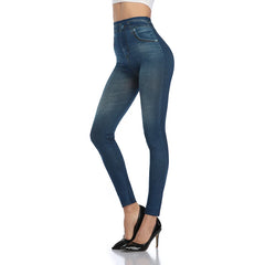 Push Up Seamless High Waist Faux Denim Leggings Women Casual Elastic Pocket Jeans