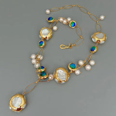 Blue Murano Glass Freshwater Cultured White Keshi Pearl Gold Filled Chain