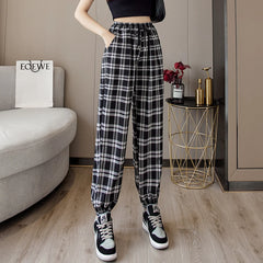 Pants Women Bunch of feet Fashion Loose Black Plaid Summer