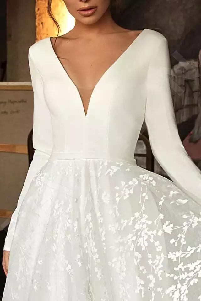 White Bridesmaid Dresses: Boho Lace Wedding Dresses Long Sleeve V-neck Boho