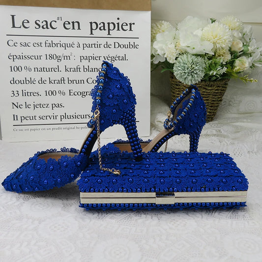 Matching Shoes and Bags: Royal Blue Lace Flower wedding shoes