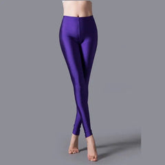 Women Shiny Pants Leggings Solid Color Fluorescent Spandex